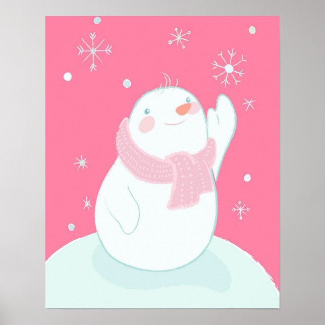 Ein Schneemann, der nach einer fallenden Schneeflo Poster (Vorne)