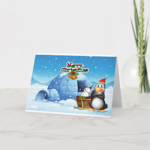 Ein Schneemann und ein Pinguin vor dem Iglu Feiertagskarte
