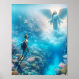 Ein Schnorchler staunt darüber, einen Engel in ein Poster
