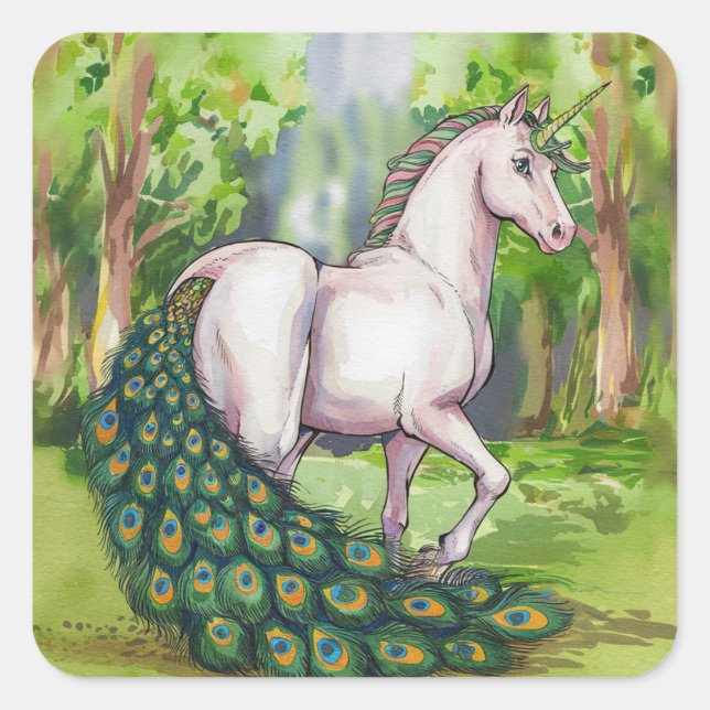 Ein schöner Einhornpfaug Quadratischer Aufkleber (Vorderseite)