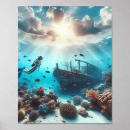 Ein schöner Taucher beobachtet ein Schiffswrack Poster