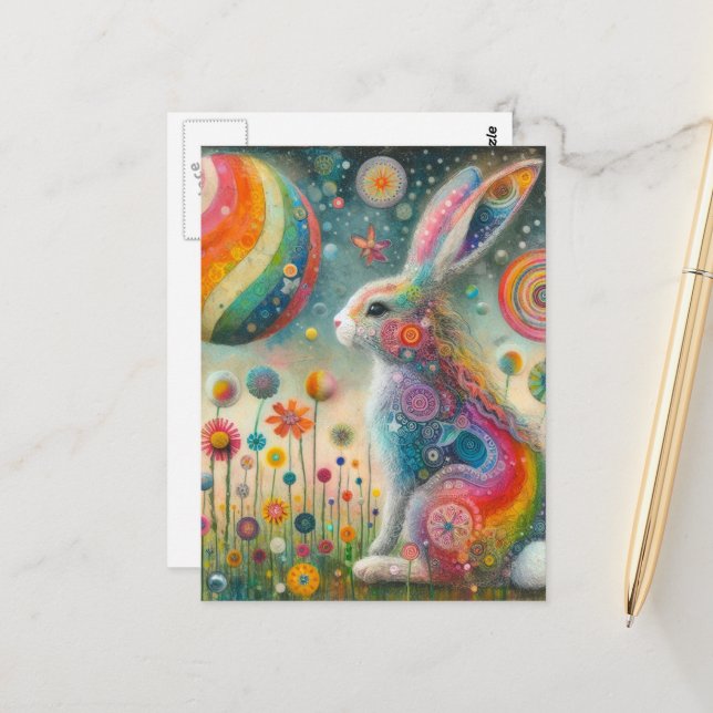 Ein schönes Kaninchen in Wildblumen surreal Postkarte (Vorderseite/Rückseite Beispiel)
