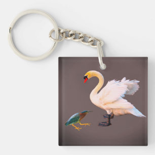 Ein Schwan und ein grüner Reiher Knopf Schlüsselanhänger