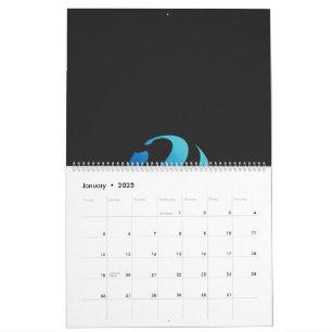 ein schwarz-blaues Logo mit einer Welle darauf Kalender