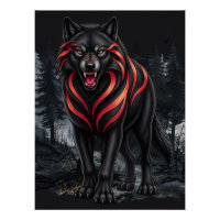 Ein schwarzer Wolf in einer nebligen Wald-Wildnis-
