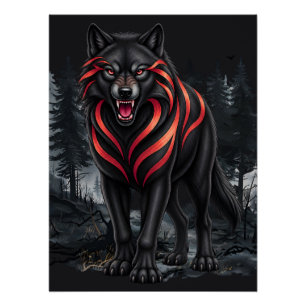 Ein schwarzer Wolf in einer nebligen Wald-Wildnis- Poster