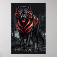 Ein schwarzer Wolf in einer nebligen Wald-Wildnis-