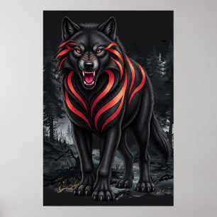 Ein schwarzer Wolf in einer nebligen Wald-Wildnis- Poster