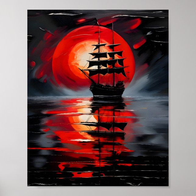 Ein schwarzes Galleon, das auf ruhigen Gewässern s Poster (Vorne)