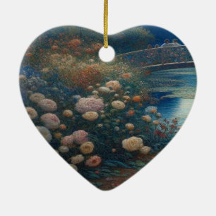 Ein See mit Seerosen und Blumen Valentinsbaum Keramik Ornament
