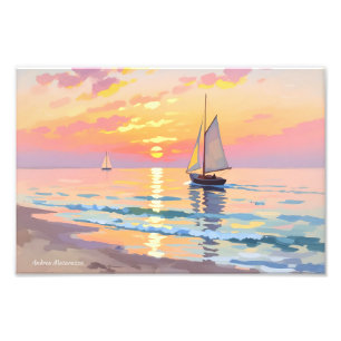 Ein Segelschiff bei Sonnenuntergang auf dem Meer Fotodruck