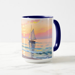 Ein Segelschiff bei Sonnenuntergang auf dem Meer Tasse