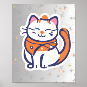 Ein sehr glücklicher, weißer und rosa Tuxedo-Katze Poster