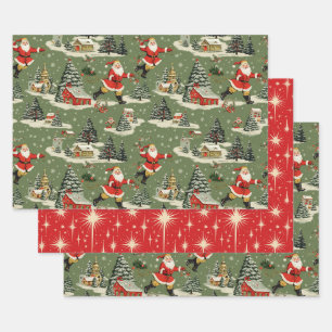 Ein sehr retro fröhlicher und heller Weihnachtsman Geschenkpapier Set
