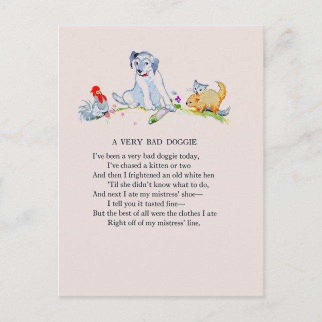 Ein sehr schlechter Hund, Gedicht und zeichnend Postkarte (Vorderseite)