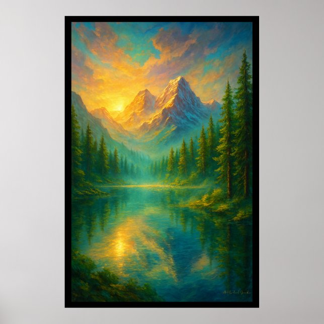 Ein serener Sonnenaufgang über dem Spiegelsee Poster (Vorne)