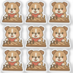 Ein Set von 6 Kawaii Cartoon Bulldog spielen Schac Aufkleber