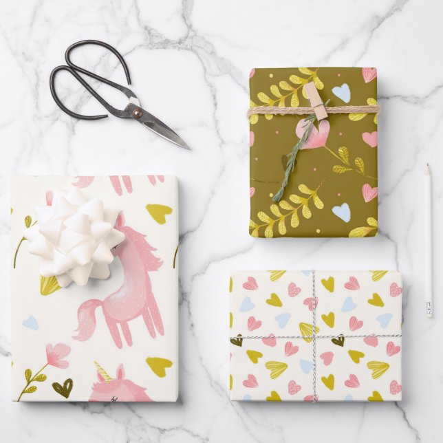 Ein Set von Mustern mit Einhörnern Geschenkpapier Set (Vorderseite)