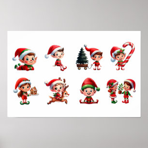 Ein Set Weihnachtselfen in verschiedenen Posen Poster