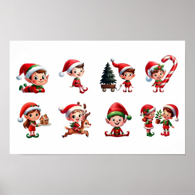 Ein Set Weihnachtselfen in verschiedenen Posen Poster (Vorne)