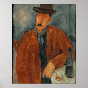 Ein Sitzmann, der auf einer Tabelle sich lehnt Poster