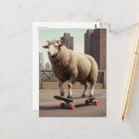 Ein Skateboarden weißer Schafe in der Stadt