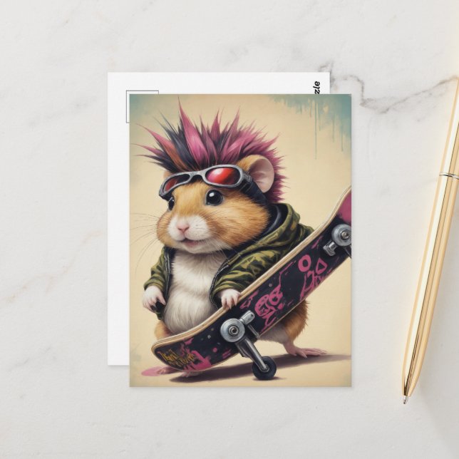 Ein Skateboarding Punk Hamster Retro Postkarte (Vorderseite/Rückseite Beispiel)