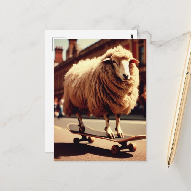 Ein Skateboarding White Sheep Retro Foto Postkarte (Vorderseite/Rückseite Beispiel)