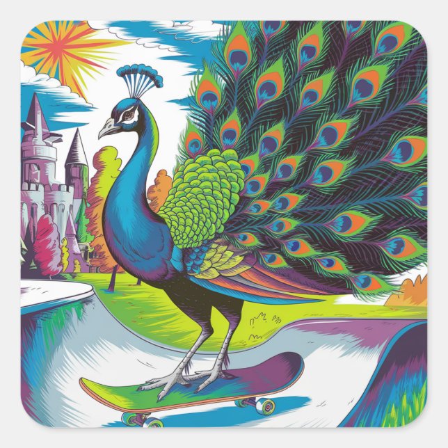 Ein Skateboardpfau Quadratischer Aufkleber (Vorderseite)