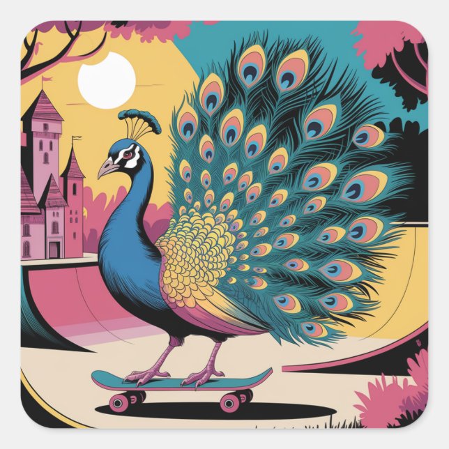 Ein Skateboardpfau Quadratischer Aufkleber (Vorderseite)
