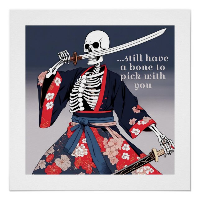 Ein Skelett in Kimono und ein Samurai-Schwert Poster (Vorderseite)