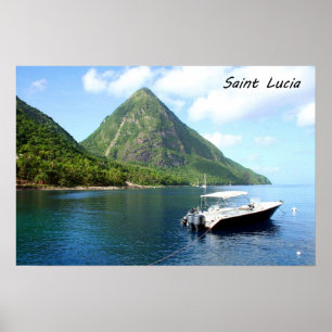 Ein Speedboat vor den Pitons in Saint Lucia Poster