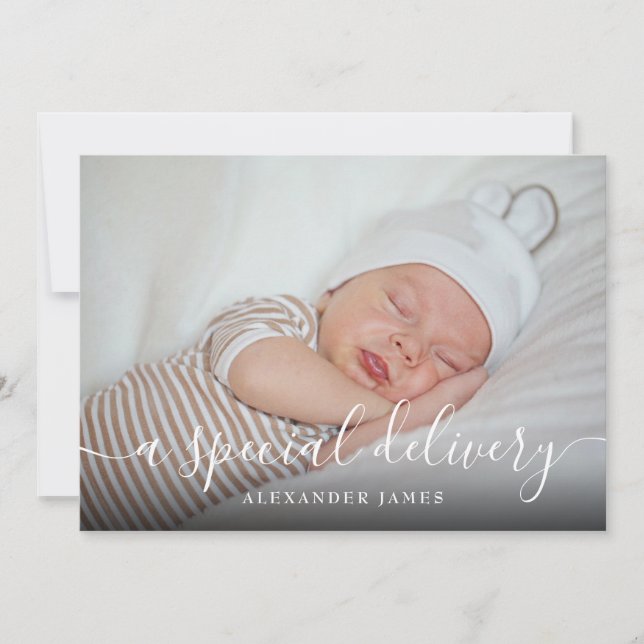 Ein spezielles Lieferskript Baby Boy Foto Birth Ankündigung (Vorderseite)