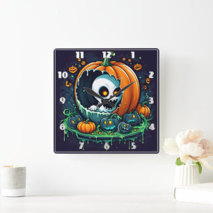 Ein spielerischer Geist kommt aus einem Halloween- Quadratische Wanduhr