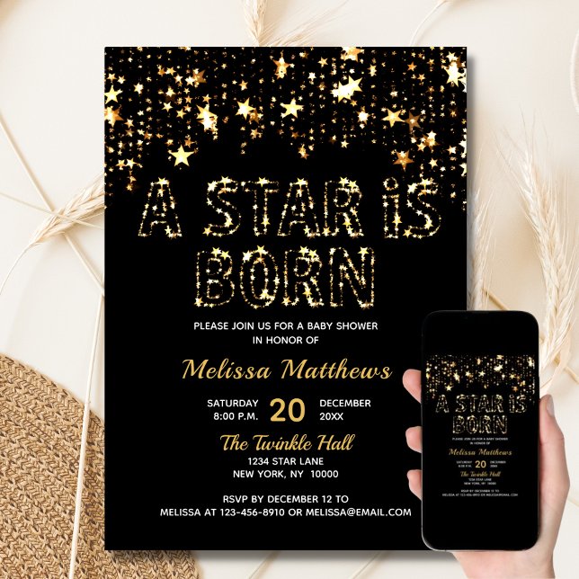 EIN STAR IST GEBORENE Gold Black Baby Dusche Einladung (A STAR IS BORN Gold Black Baby Shower Invitation)