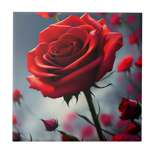 "Ein Stem in Bloom: Die Ruby-Rose" Fliese (Vorderseite)