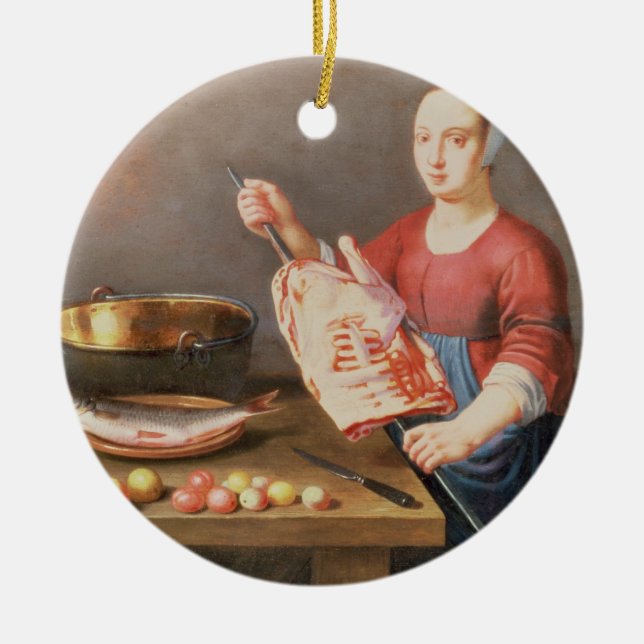 Ein Stillleben des Fleisches und der Fische mit Keramikornament (Vorne)