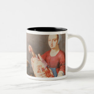 Ein Stillleben des Fleisches und der Fische mit Zweifarbige Tasse
