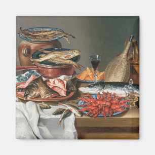 Ein Stillleben von ein Fisch-, Forelle-und Magnet