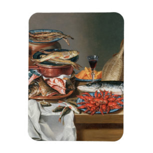 Ein Stillleben von ein Fisch-, Forelle-und Magnet