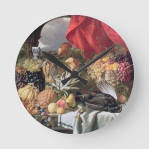 Ein Stillleben von Wildvögeln und zahlreichen Früc Runde Wanduhr