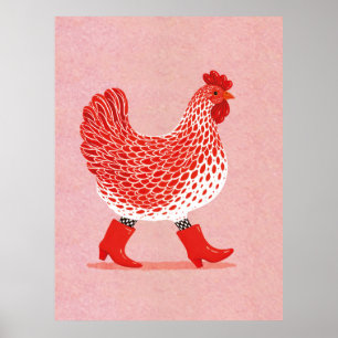 Ein stilvolles rotes Huhn in Stiefeln — eine launi Poster