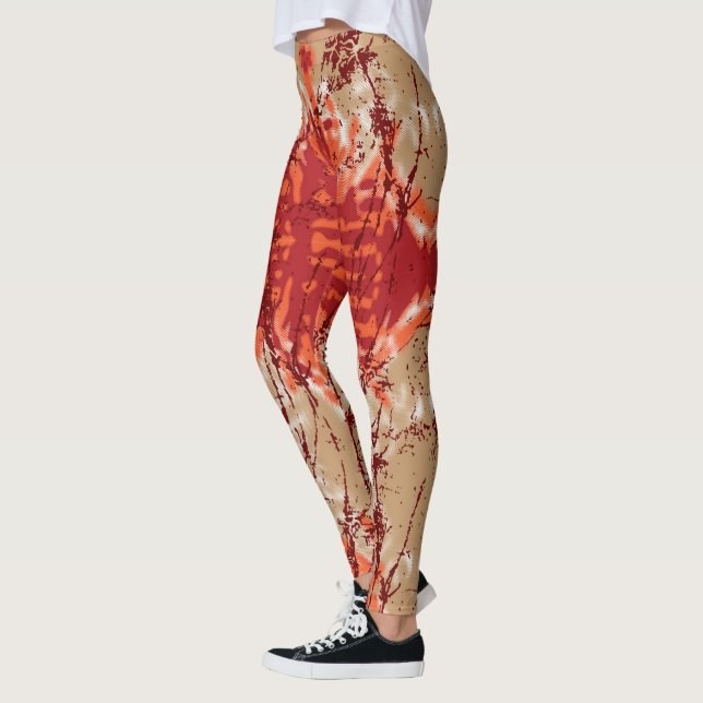 ein Stoff mit orangefarbenem und braunem Muster, Leggings (Links)