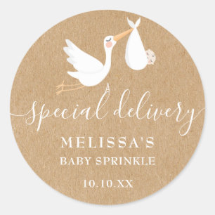 Ein Storch zur besonderen Zustellung Baby Shower/S Runder Aufkleber