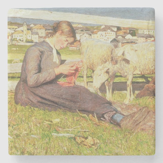 Ein strickendes Mädchen, 1888 (Öl auf Leinwand) Steinuntersetzer (Vorderseite)