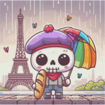 Ein super niedliches Skelett im regnerischen Paris