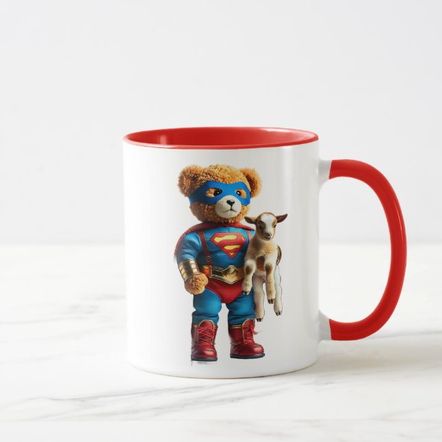 Ein Superheld-Bär hält ein Haar. Tasse (Rechts)