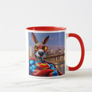 Ein Superheld-Känguru wacht über die Stadt. Tasse
