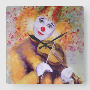 Ein süßer Clown, der Geige spielt Quadratische Wanduhr