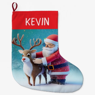 Ein süßer, fröhlicher Weihnachtsmann und Rudolf im Großer Weihnachtsstrumpf